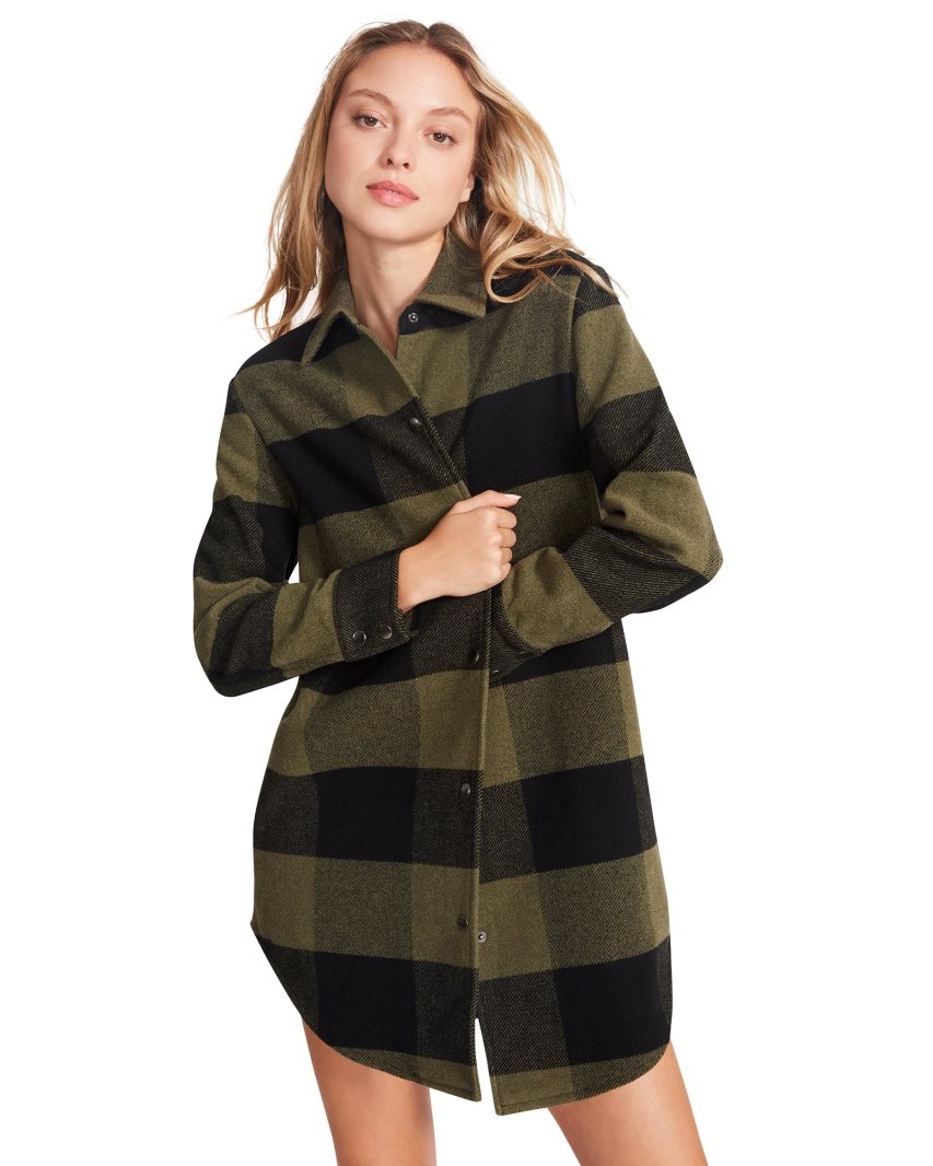 Steve Madden Eldridge Plaid Frakker Dame Olivengrønne Svarte | BVOMP9603